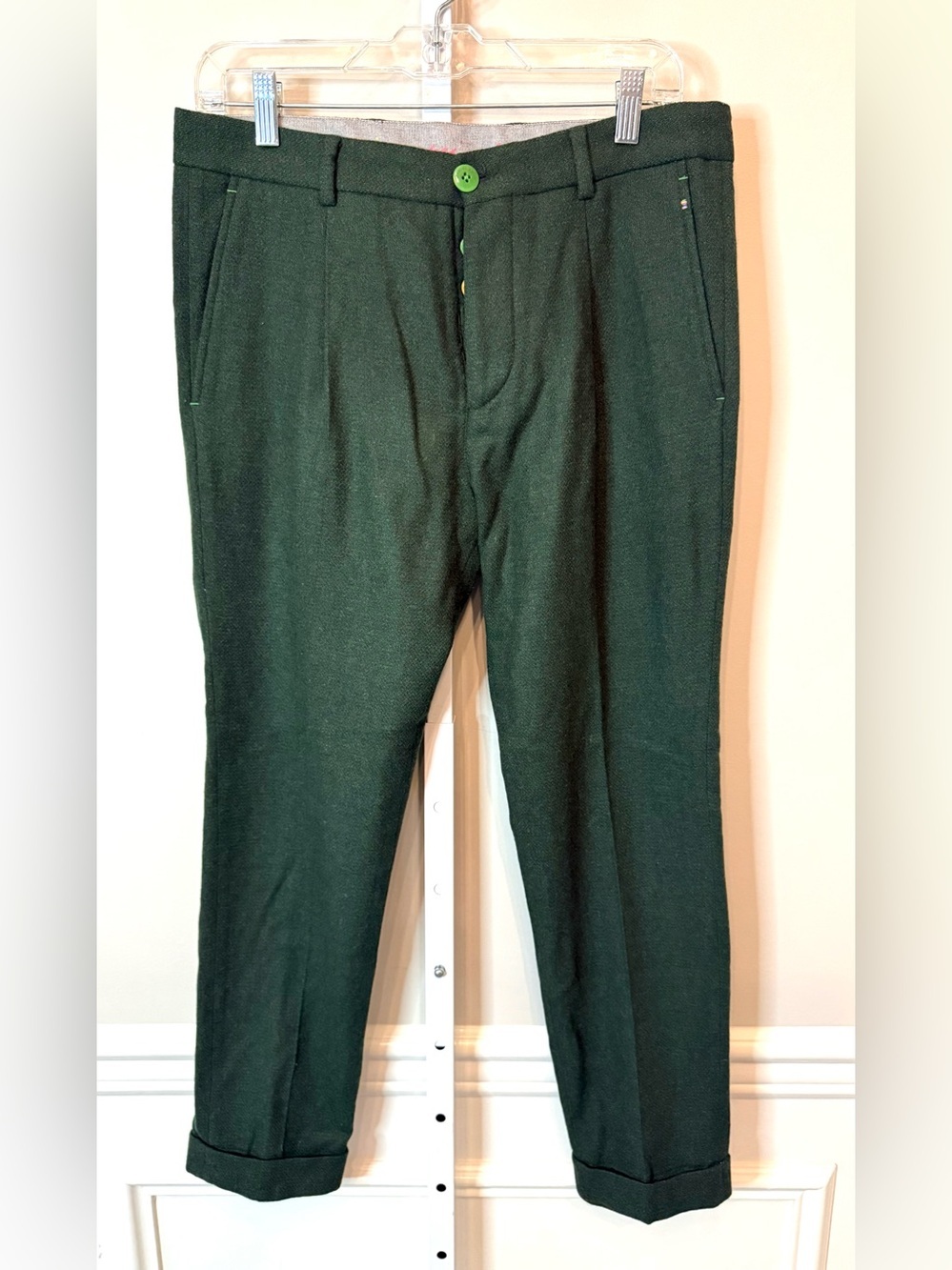 Manuel Ritz Wool Trousers Green Cropped Cuffed Colorful Button Fly Size 32